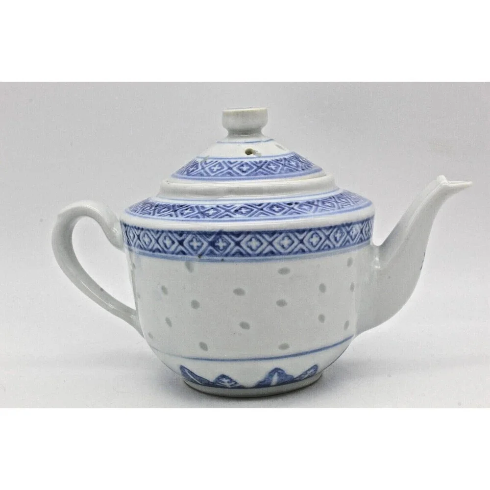 Rice Eye Grain Teapot 4 inch Chinese Porcelain Translucent Blue White Flower VTG